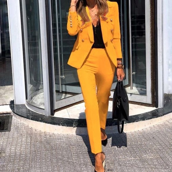 Jackets & Blazers - Women's Solid Color Two-piece Casual Blazer Jacket and Pants  Yellow XXS